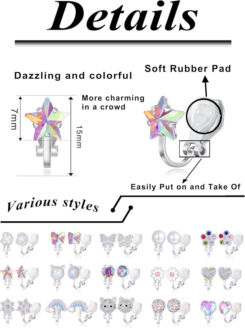 Tornito 10-15 Pairs Clip on Stud Earrings Non Pierced Teardrop Round Square CZ Pearl Twist Knot Flower Butterfly Heart Star Rainbow Cat Opal Clip on Earrings for Women - Image 2